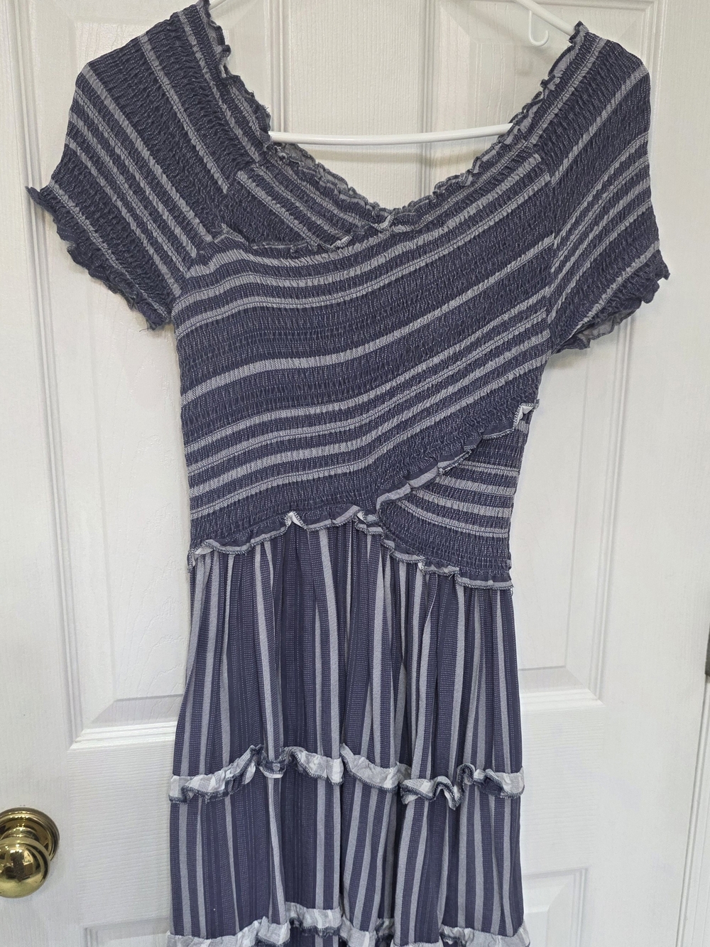 Japna Navy and White Striped Smocked Midi Dress